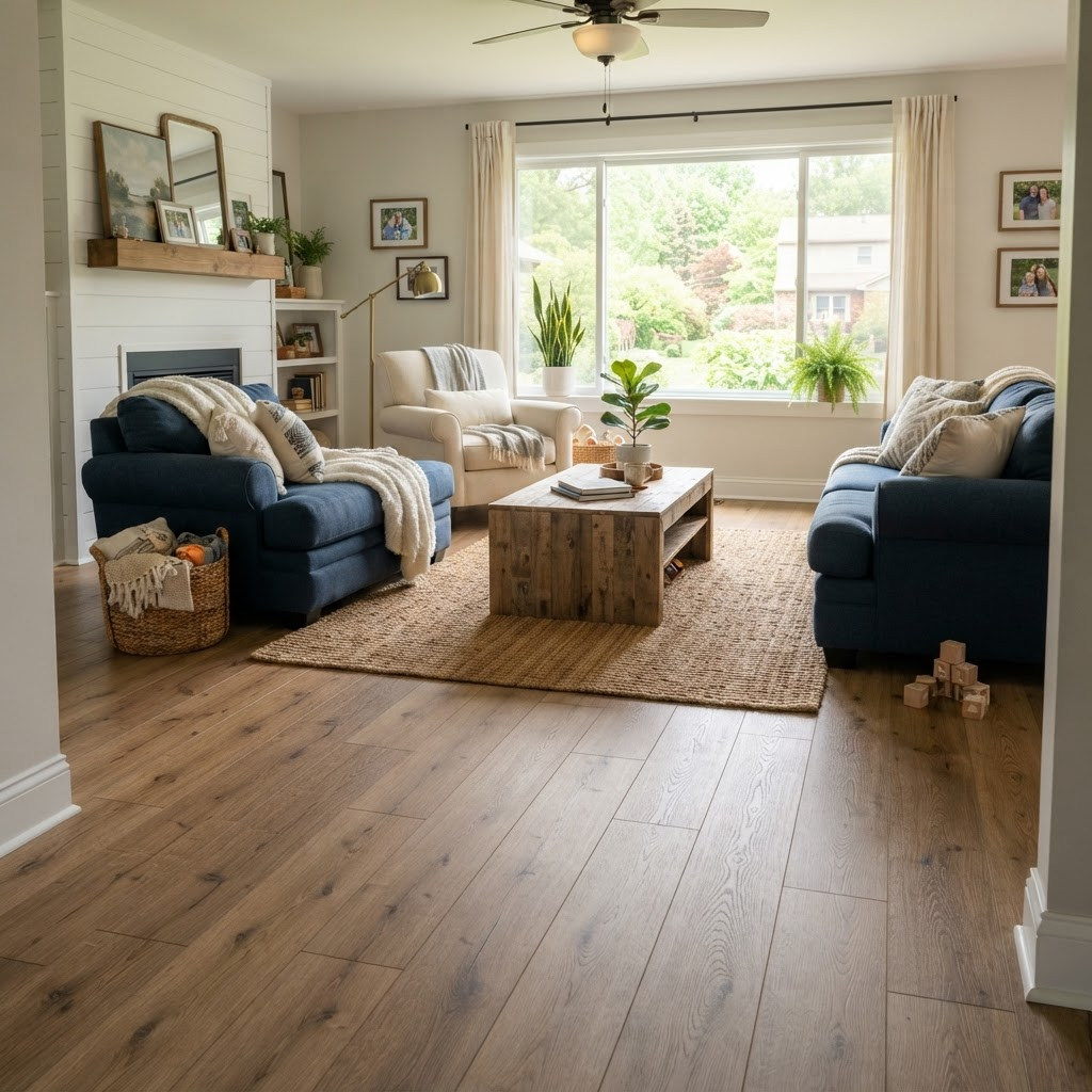 Natural wide-plank luxury vinyl flooring in a warm Brunswick, Ohio family living room