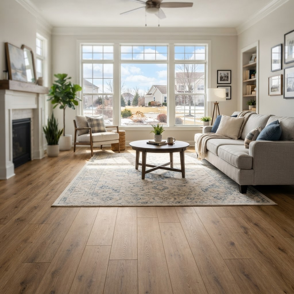 Warm wide-plank luxury vinyl flooring in a bright Strongsville, Ohio family living room