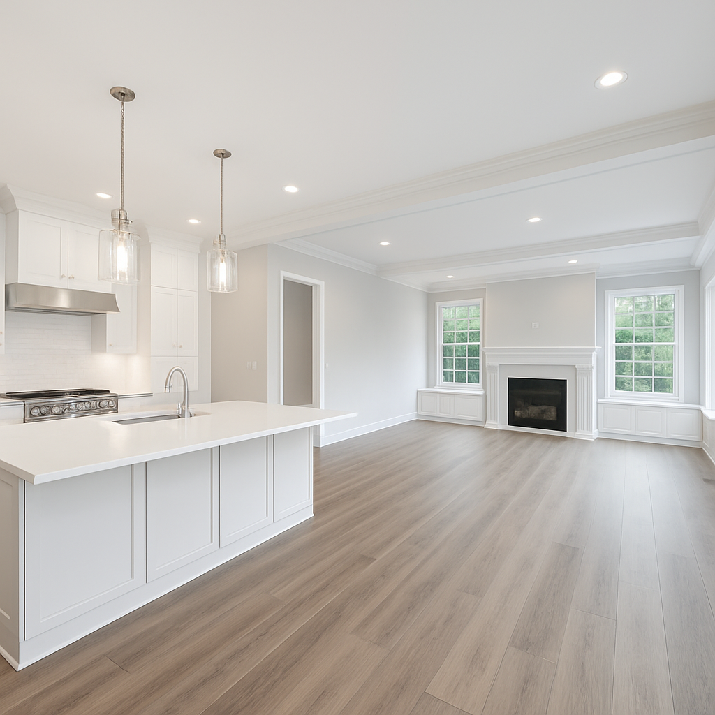 Wide-plank luxury vinyl flooring in a modern open-concept Westlake, Ohio home